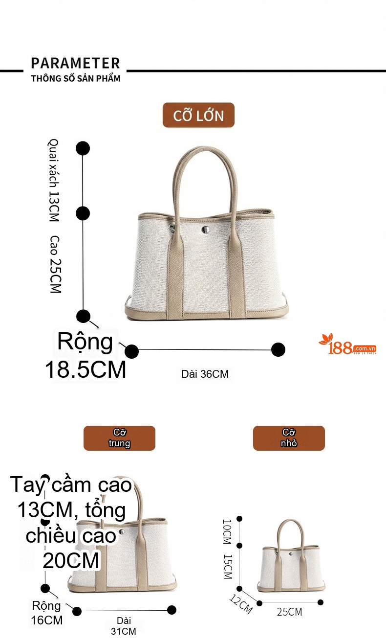 Túi Xách Tay Nữ Da Bò Vải Canvas Lớn Màu Trắng Kem, Nâu chi tiết 39