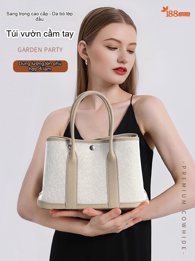 Túi Xách Tay Nữ Da Bò Vải Canvas Lớn Màu Trắng Kem, Nâu chi tiết 2