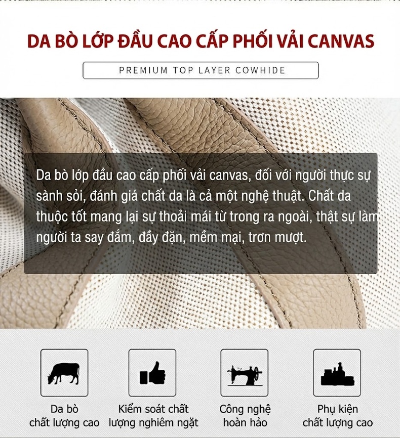Túi Xách Tay Nữ Da Bò Vải Canvas Lớn Màu Trắng Kem, Nâu chi tiết 4