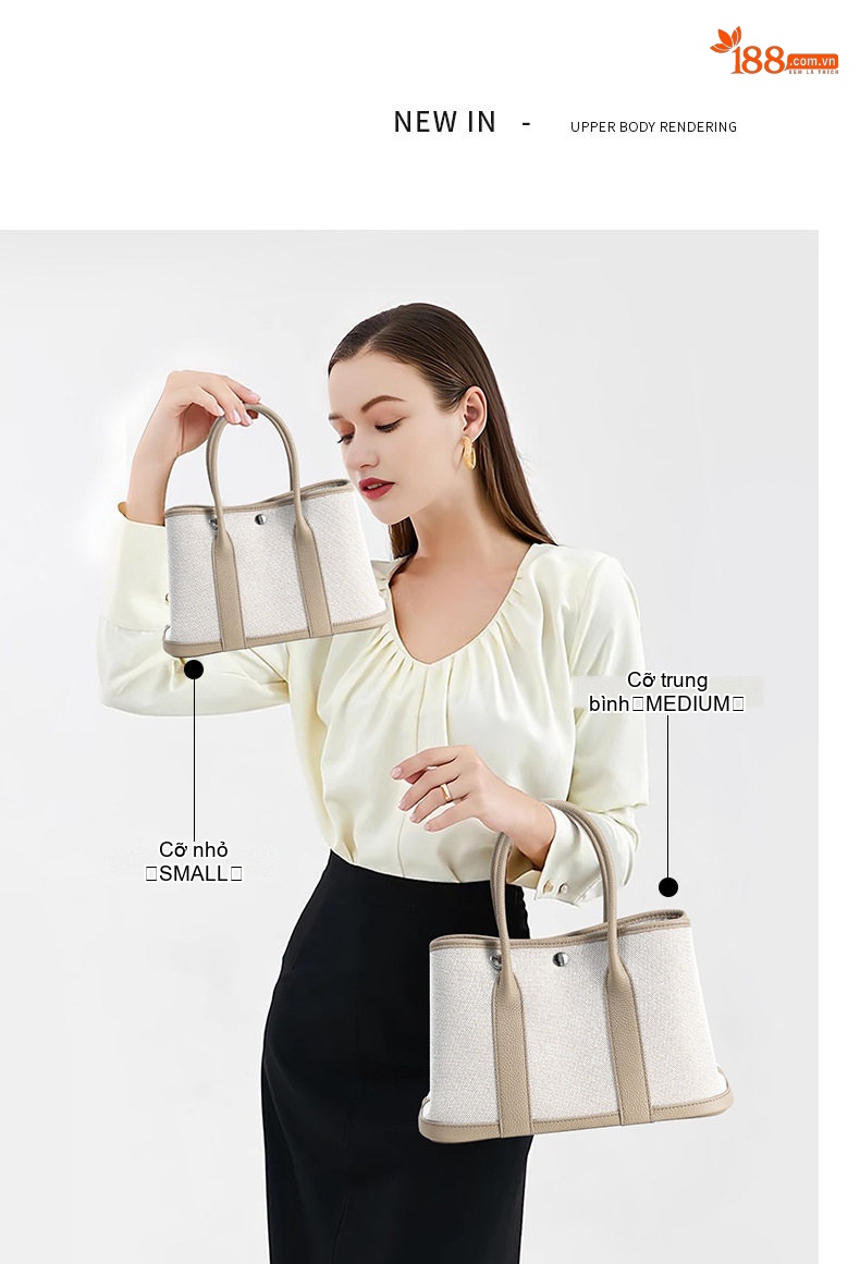 Túi Xách Tay Nữ Da Bò Vải Canvas Lớn Màu Trắng Kem, Nâu chi tiết 13
