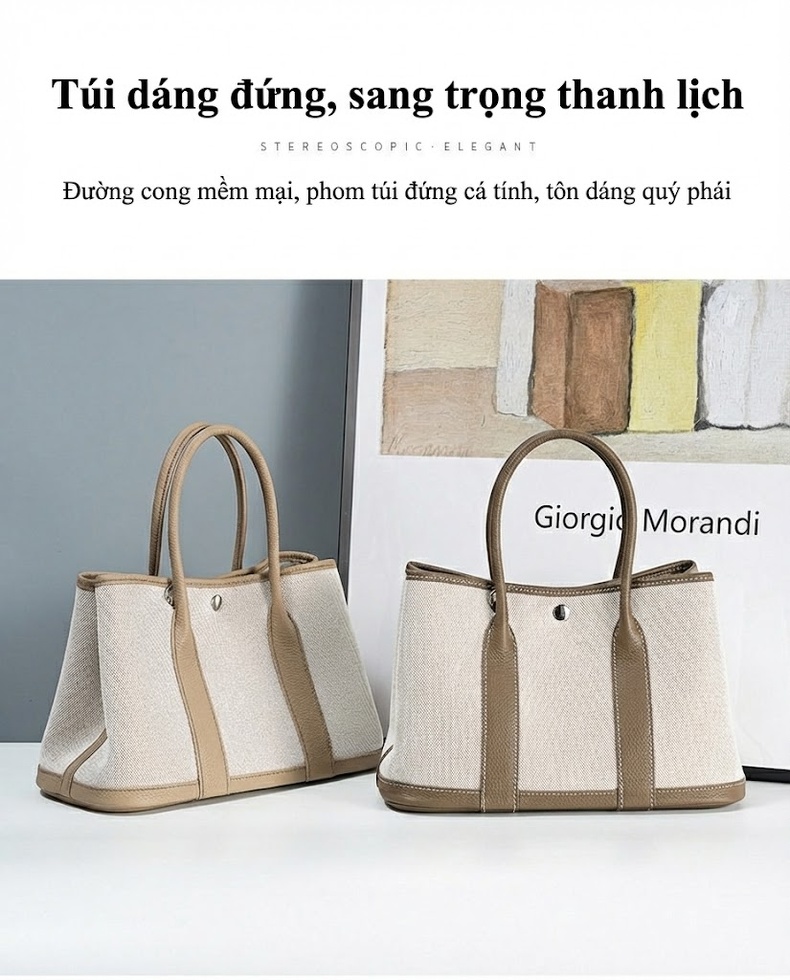 Túi Xách Tay Nữ Da Bò Vải Canvas Lớn Màu Trắng Kem, Nâu chi tiết 17
