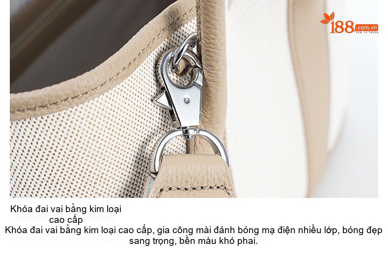 Túi Xách Tay Nữ Da Bò Vải Canvas Lớn Màu Trắng Kem, Nâu chi tiết 35
