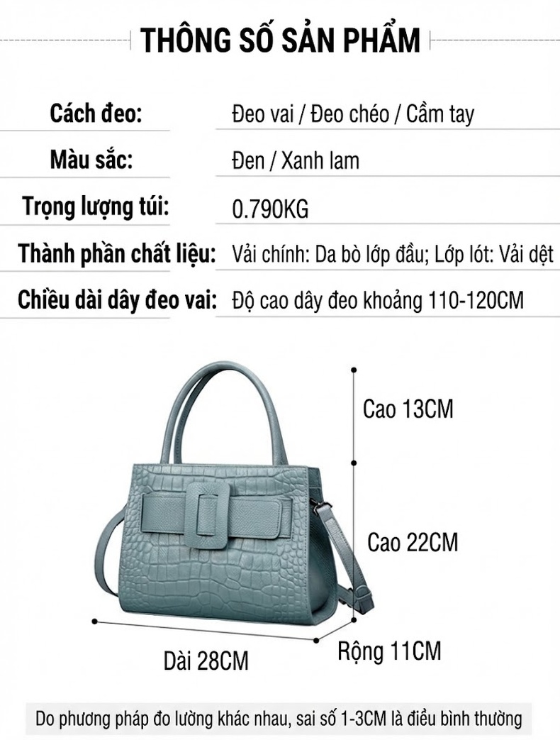 Túi Xách Tay Nữ Da Bò Vân Cá Sấu Công Sở Đeo Vai, Đeo Chéo Thời Trang Màu Xanh Dương, Đen chi tiết 3