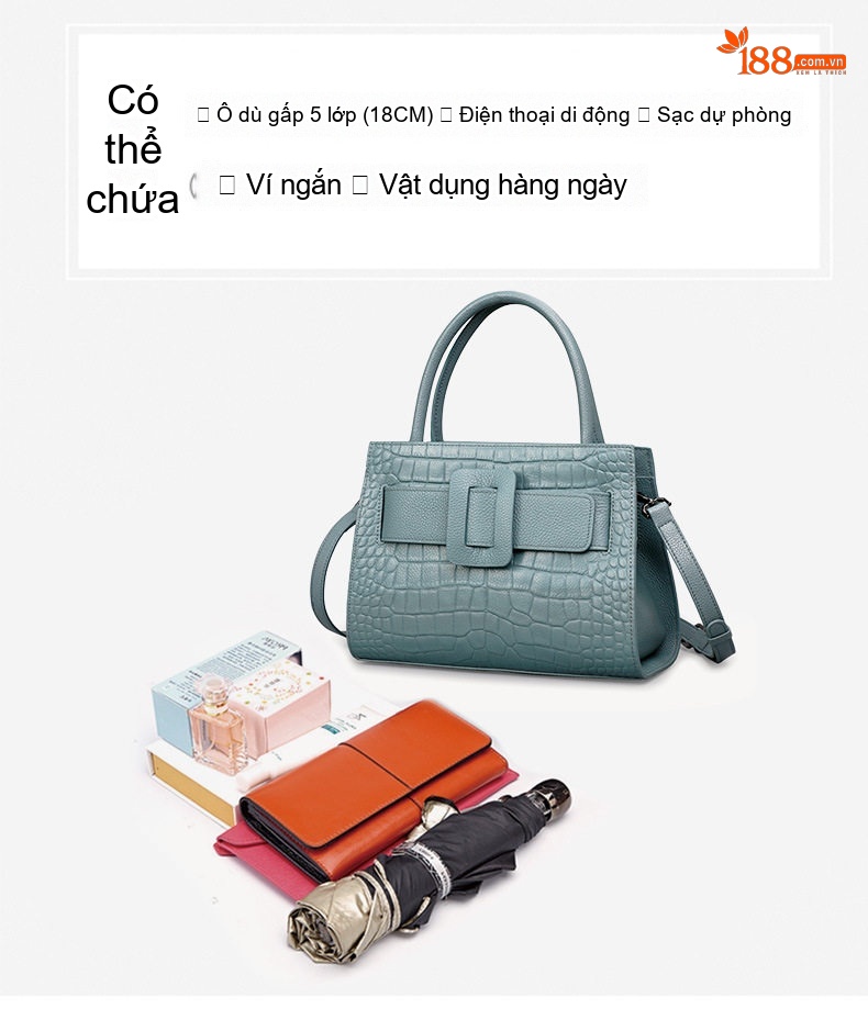 Túi Xách Tay Nữ Da Bò Vân Cá Sấu Công Sở Đeo Vai, Đeo Chéo Thời Trang Màu Xanh Dương, Đen chi tiết 10