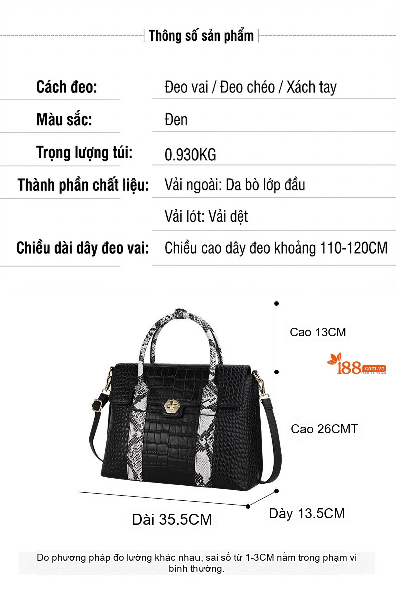Túi Xách Tay Nữ Da Bò Vân Cá Sấu Đeo Vai, Đeo Chéo Màu Đen chi tiết 3
