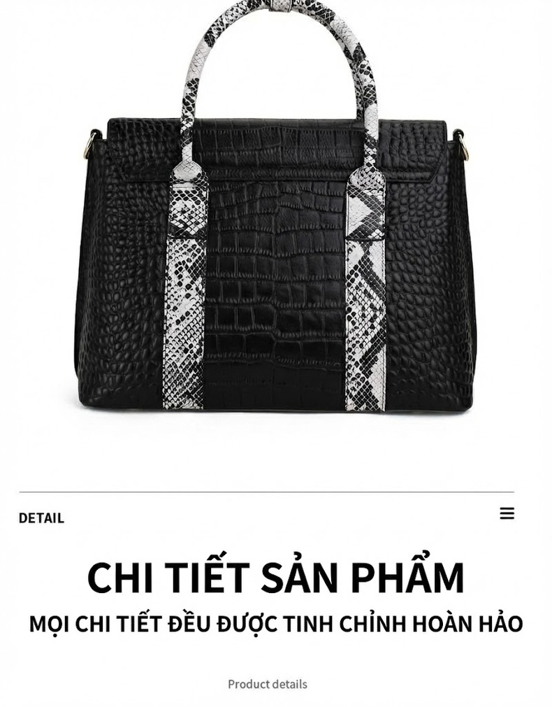 Túi Xách Tay Nữ Da Bò Vân Cá Sấu Đeo Vai, Đeo Chéo Màu Đen chi tiết 15