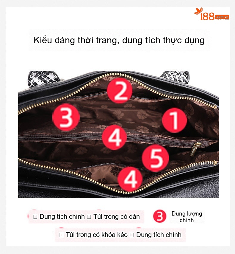 Túi Xách Tay Nữ Da Bò Vân Cá Sấu Đeo Vai, Đeo Chéo Màu Đen chi tiết 7