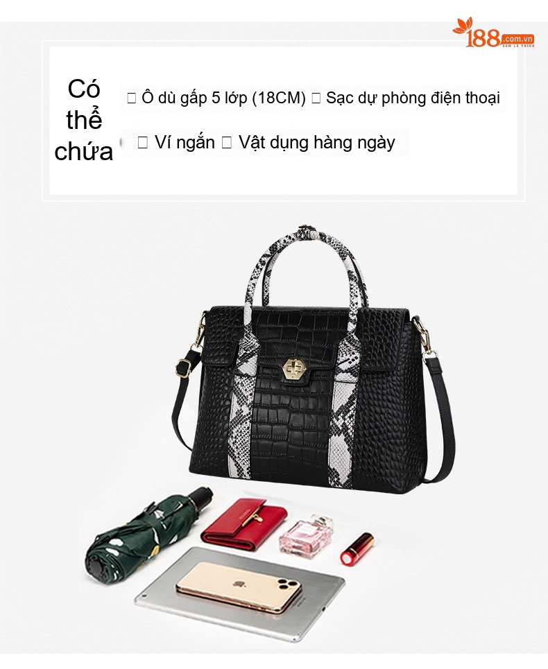 Túi Xách Tay Nữ Da Bò Vân Cá Sấu Đeo Vai, Đeo Chéo Màu Đen chi tiết 8