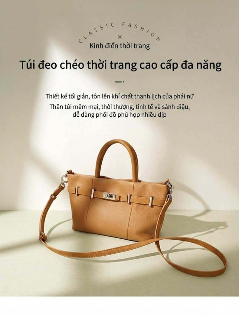 Túi Xách Tay Nữ Da Bò Vân Litchi Đeo Vai Đeo Chéo Kiểu Dáng Basic Màu Đen, Nâu, Kem chi tiết 1