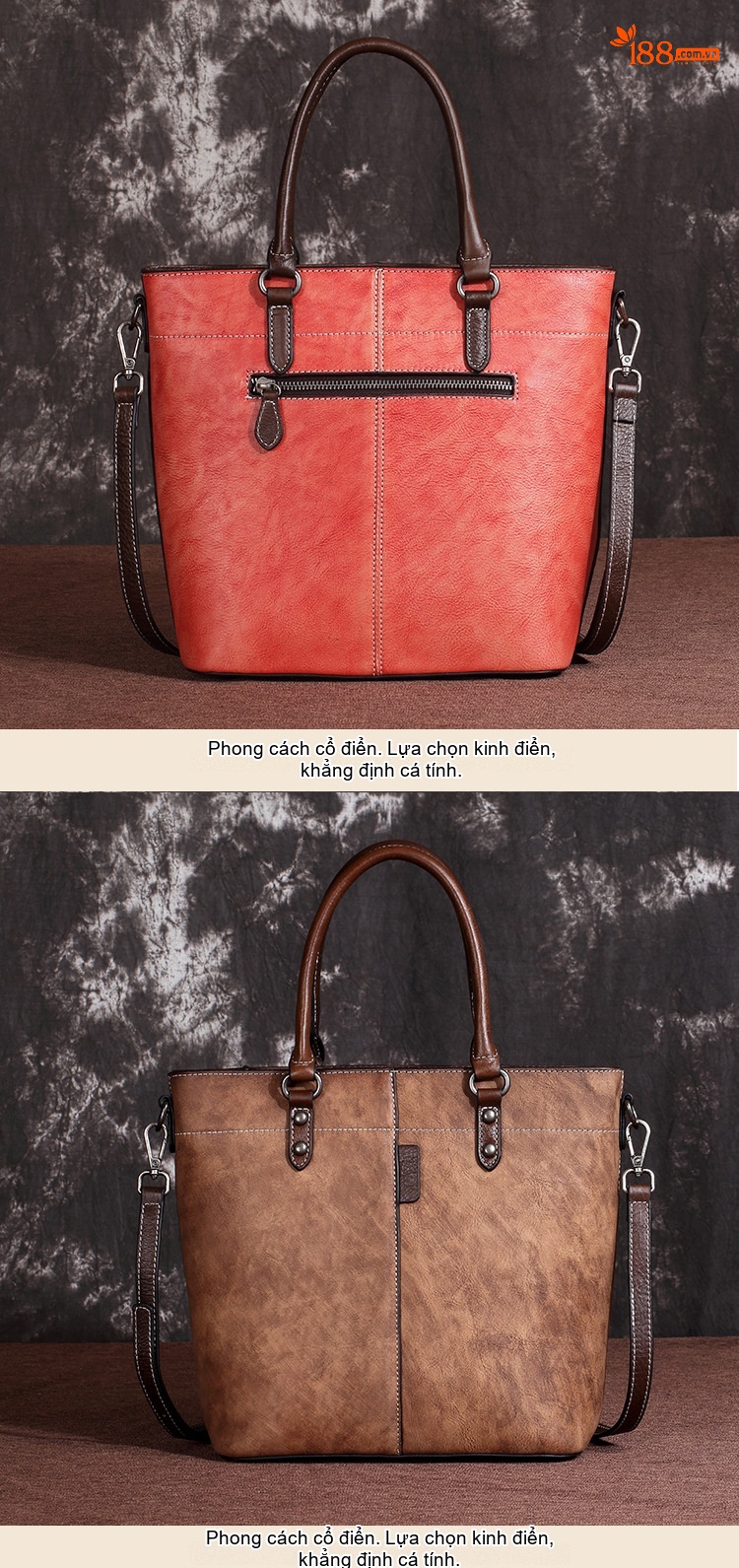 Túi Xách Tay Nữ Da Bò Vintage Dáng Bucket Đeo Vai, Đeo Chéo Màu Nâu chi tiết 3