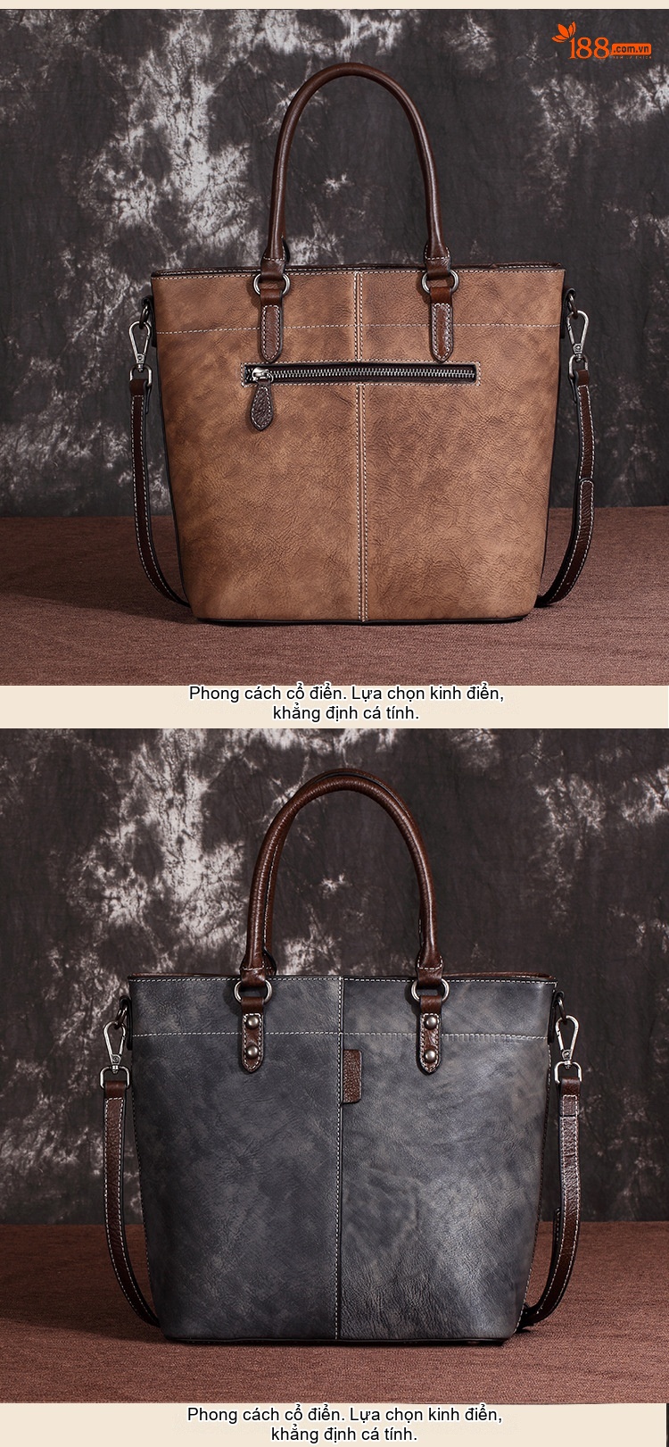 Túi Xách Tay Nữ Da Bò Vintage Dáng Bucket Đeo Vai, Đeo Chéo Màu Nâu chi tiết 4