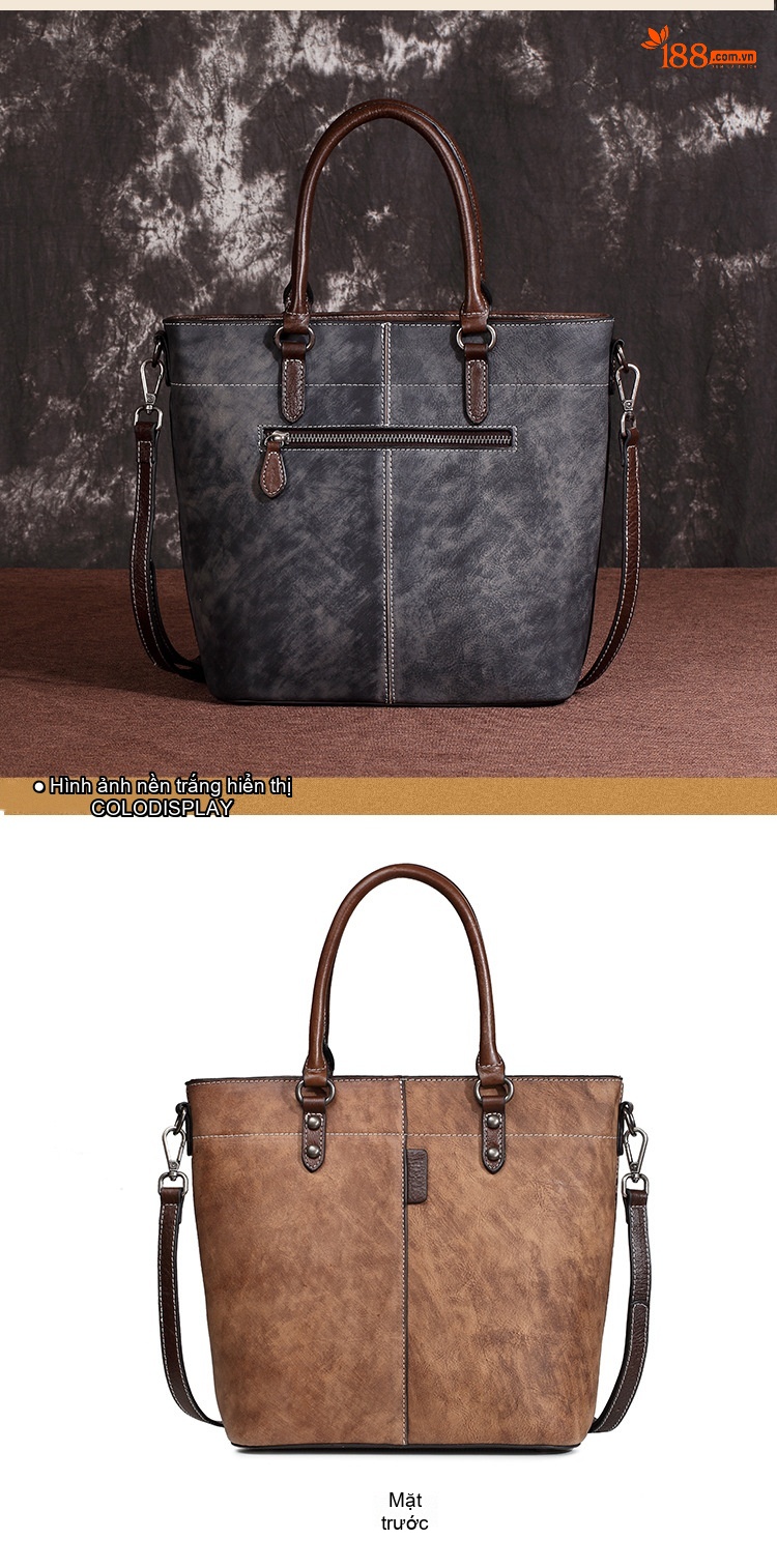 Túi Xách Tay Nữ Da Bò Vintage Dáng Bucket Đeo Vai, Đeo Chéo Màu Nâu chi tiết 5