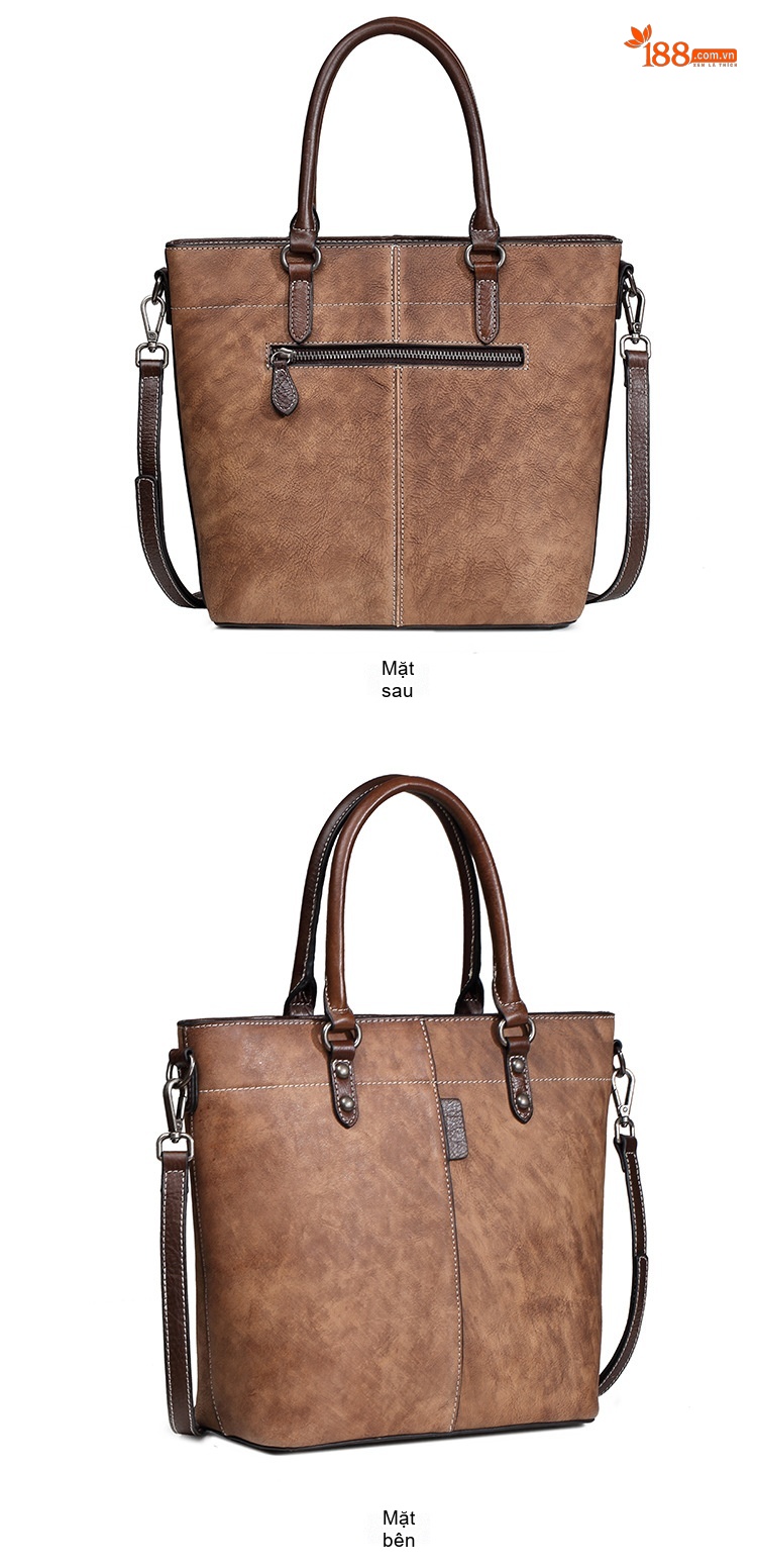Túi Xách Tay Nữ Da Bò Vintage Dáng Bucket Đeo Vai, Đeo Chéo Màu Nâu chi tiết 6
