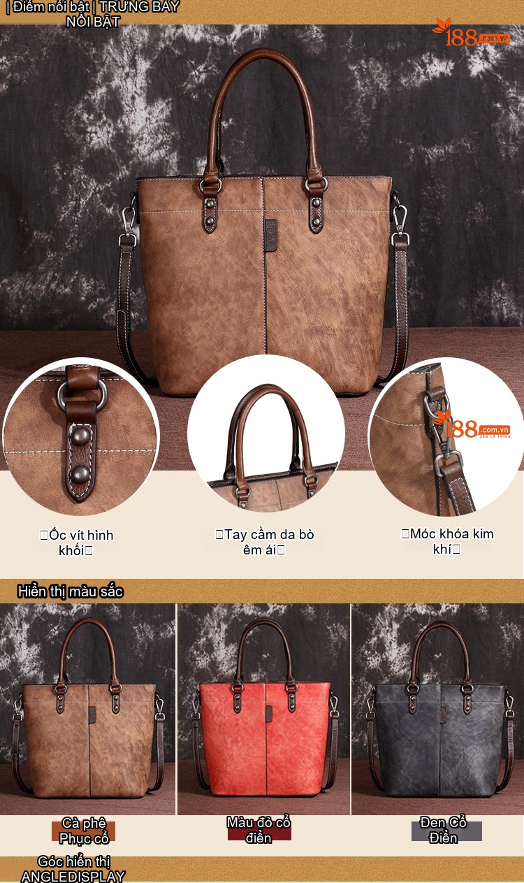Túi Xách Tay Nữ Da Bò Vintage Dáng Bucket Đeo Vai, Đeo Chéo Màu Nâu chi tiết 1