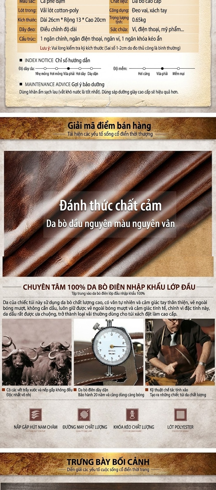 Túi Xách Tay Nữ Da Bò Vintage Dập Hoa Văn Đeo Vai Dáng Hộp Màu Nâu chi tiết 1