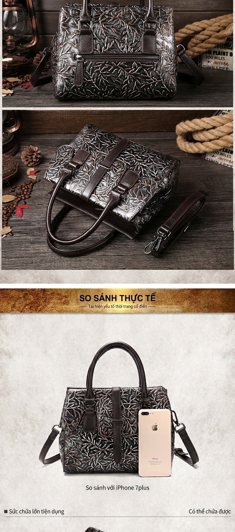 Túi Xách Tay Nữ Da Bò Vintage Dập Hoa Văn Đeo Vai Dáng Hộp Màu Nâu chi tiết 3