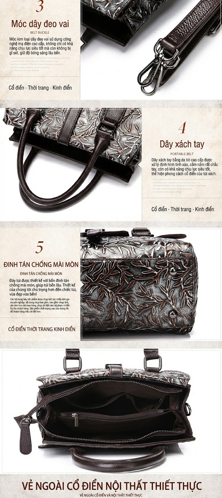 Túi Xách Tay Nữ Da Bò Vintage Dập Hoa Văn Đeo Vai Dáng Hộp Màu Nâu chi tiết 4
