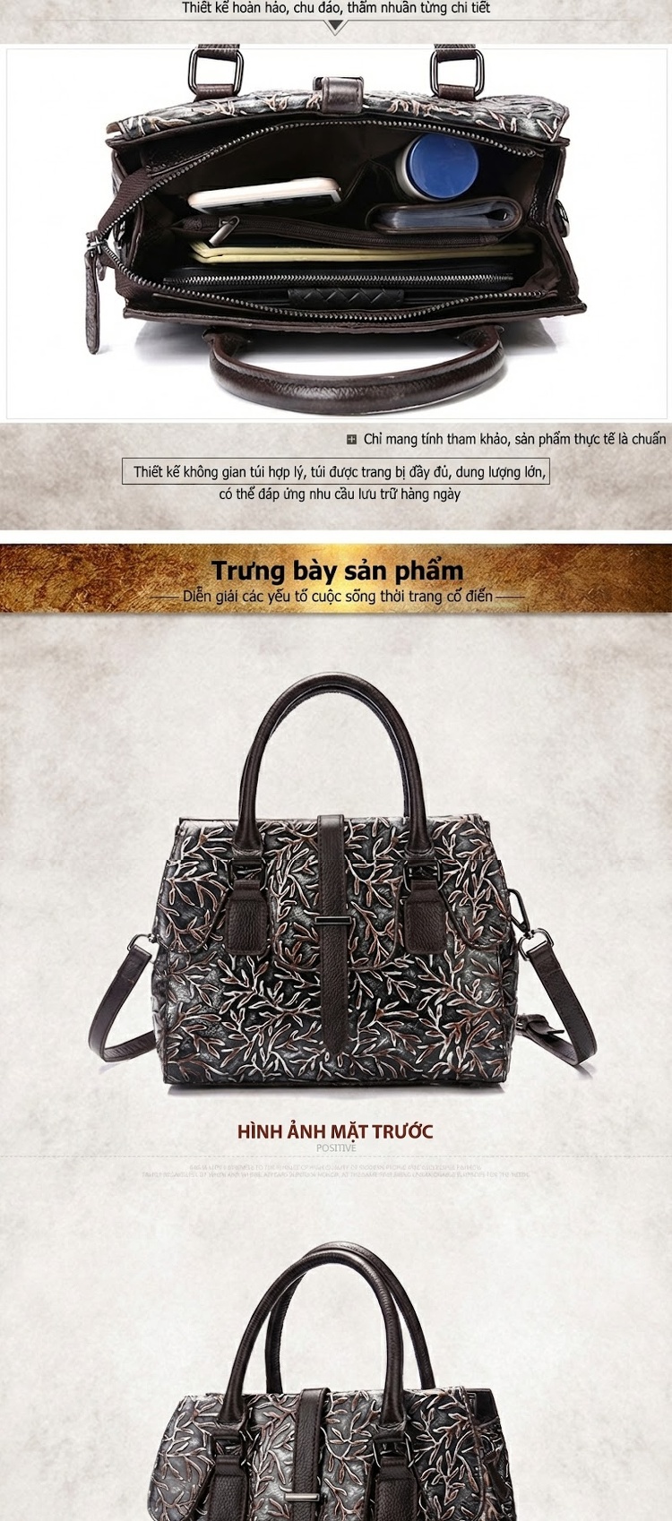 Túi Xách Tay Nữ Da Bò Vintage Dập Hoa Văn Đeo Vai Dáng Hộp Màu Nâu chi tiết 5