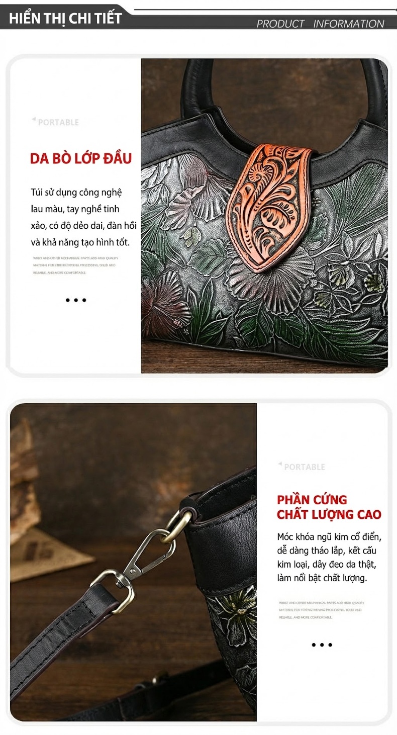 Túi Xách Tay Nữ Da Bò Vintage Đeo Vai, Đeo Chéo Phong Cách Trung Hoa chi tiết 10