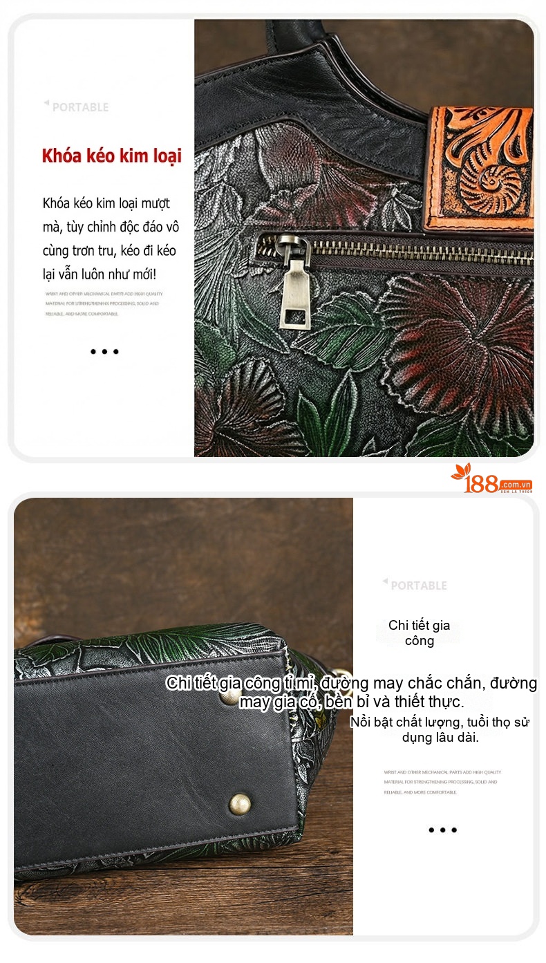 Túi Xách Tay Nữ Da Bò Vintage Đeo Vai, Đeo Chéo Phong Cách Trung Hoa chi tiết 11