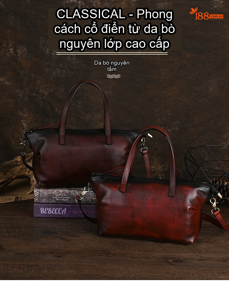 Túi Xách Tay Nữ Da Bò Vintage Đeo Vai Kiểu Dáng Đường Phố Màu Đỏ chi tiết 1