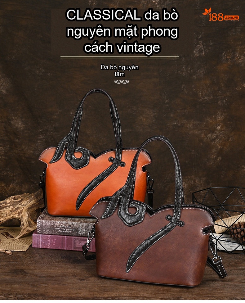Túi Xách Tay Nữ Da Bò Vintage Phong Cách Trung Hoa Đeo Vai, Đeo Chéo Màu Nâu, Đen chi tiết 1