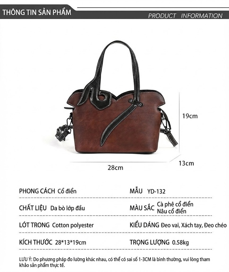 Túi Xách Tay Nữ Da Bò Vintage Phong Cách Trung Hoa Đeo Vai, Đeo Chéo Màu Nâu, Đen chi tiết 3