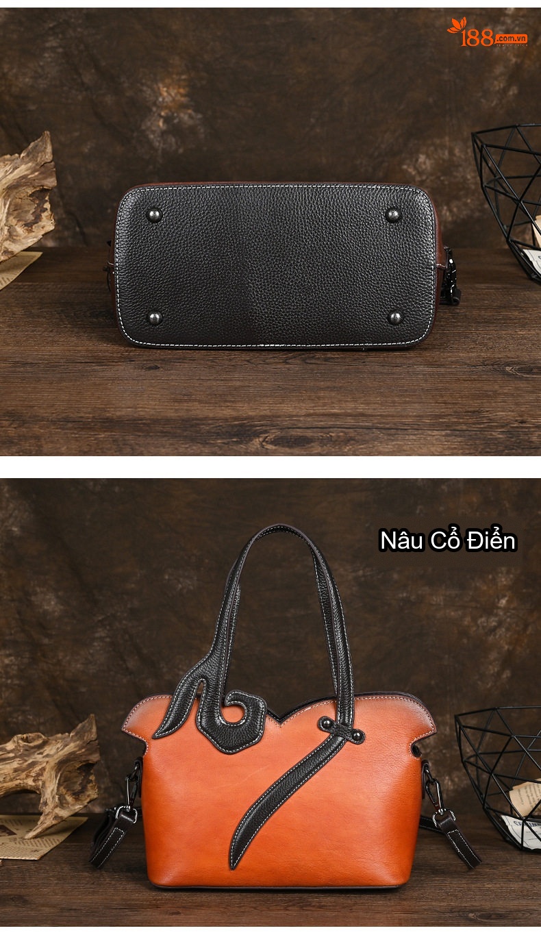 Túi Xách Tay Nữ Da Bò Vintage Phong Cách Trung Hoa Đeo Vai, Đeo Chéo Màu Nâu, Đen chi tiết 6