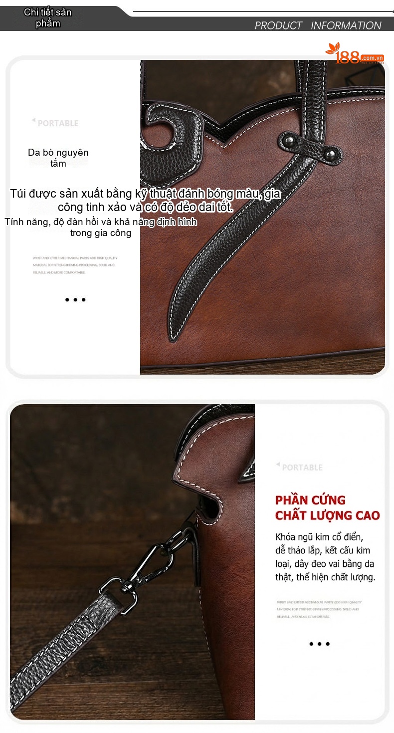 Túi Xách Tay Nữ Da Bò Vintage Phong Cách Trung Hoa Đeo Vai, Đeo Chéo Màu Nâu, Đen chi tiết 9