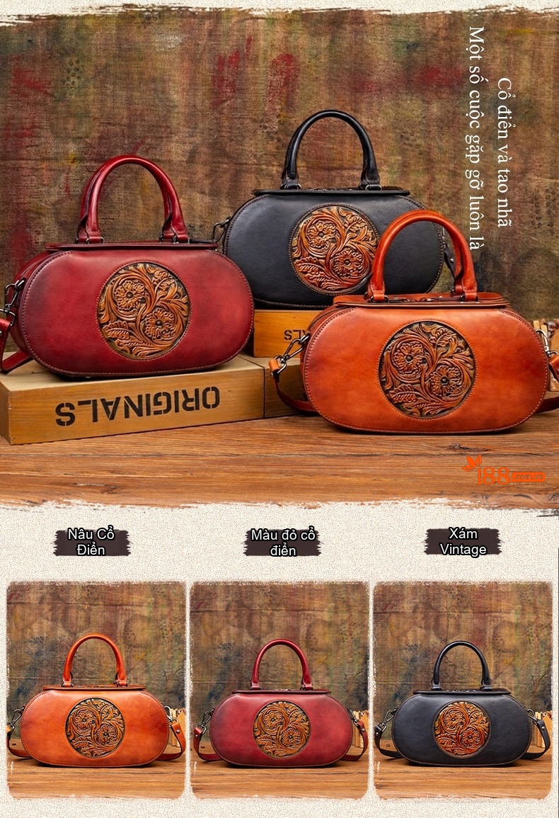 Túi Xách Tay Nữ Da Bò Vintage Quốc Phong Tiểu Thư Màu Đỏ, Cam, Đen chi tiết 1