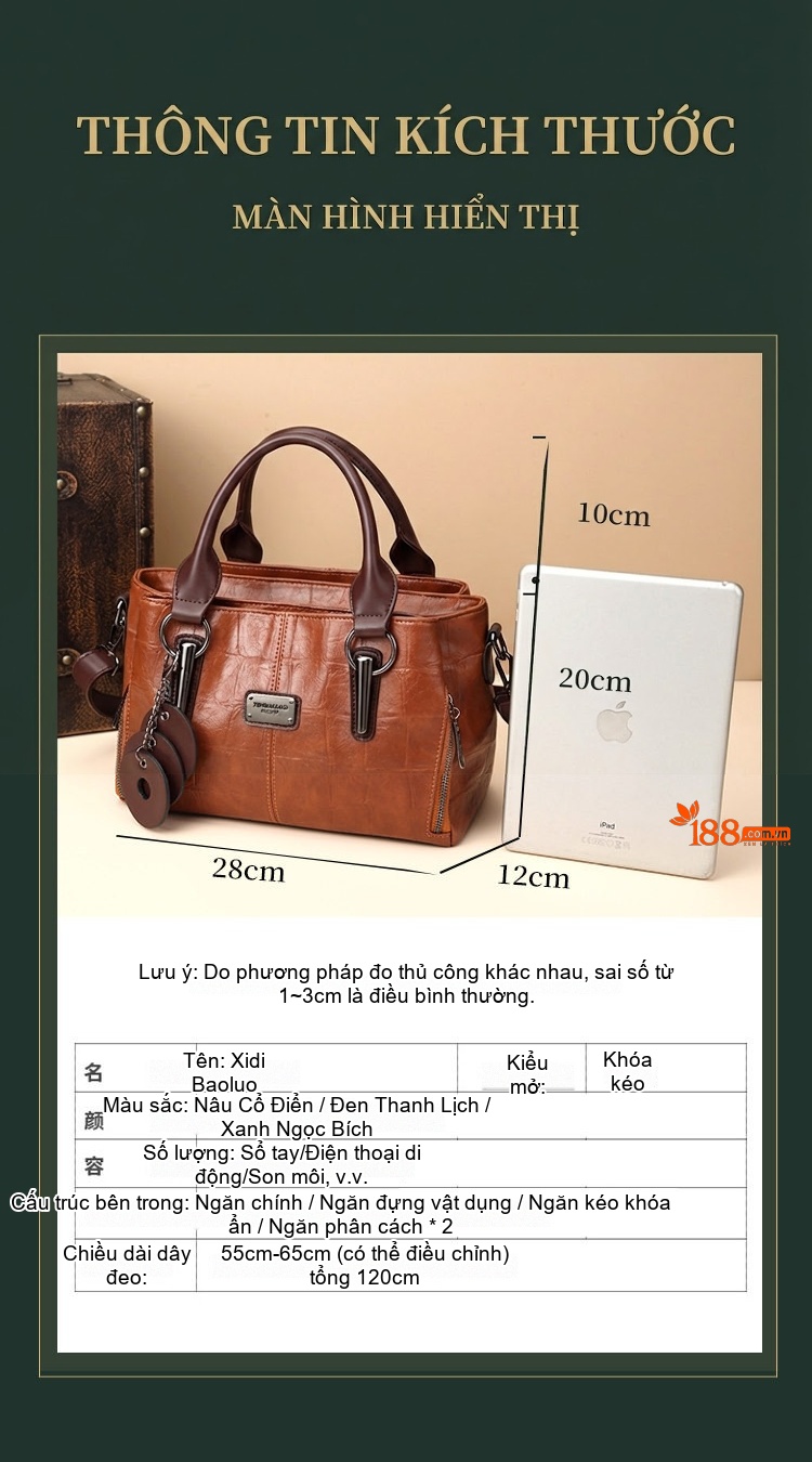 Túi Xách Tay Nữ Da Bóng Ba Ngăn Lớn Phong Cách Retro Âu Mỹ Màu Nâu chi tiết 5