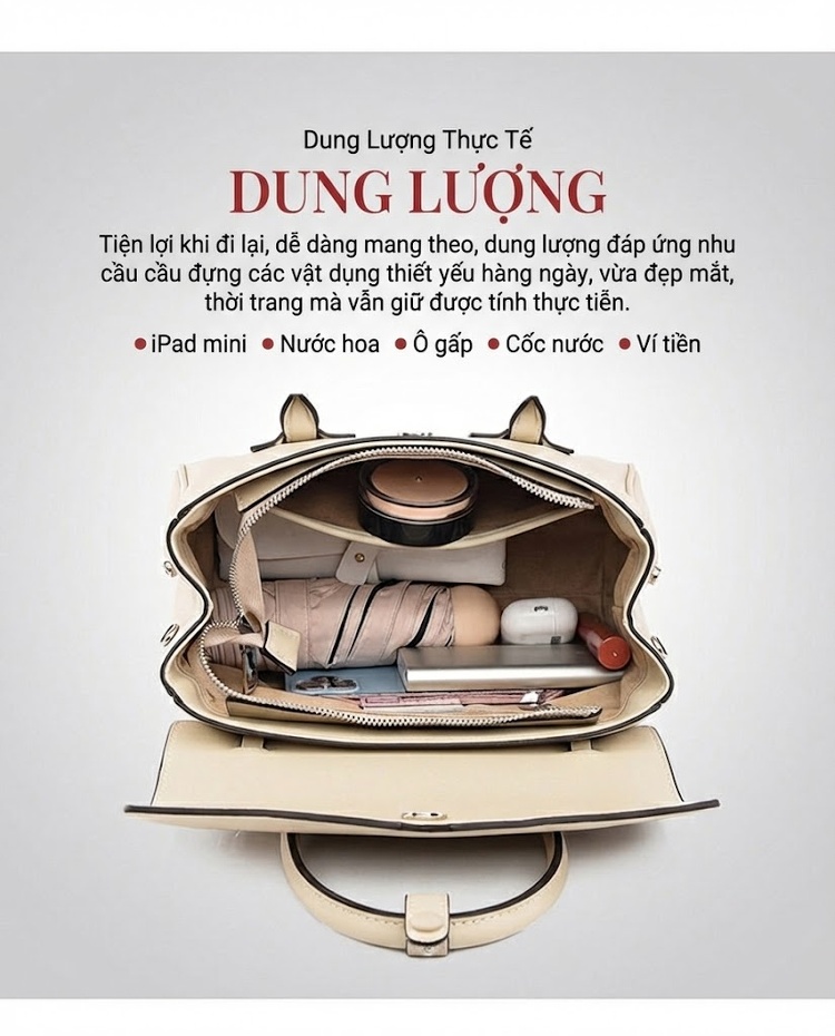 Túi Xách Tay Nữ Da Bóng Cao Cấp Phong Cách Pháp, Túi Đeo Vai, Túi Xách Nữ Công Sở, Túi Đeo Chéo, Túi Lớn Màu Trắng, Đen chi tiết 6