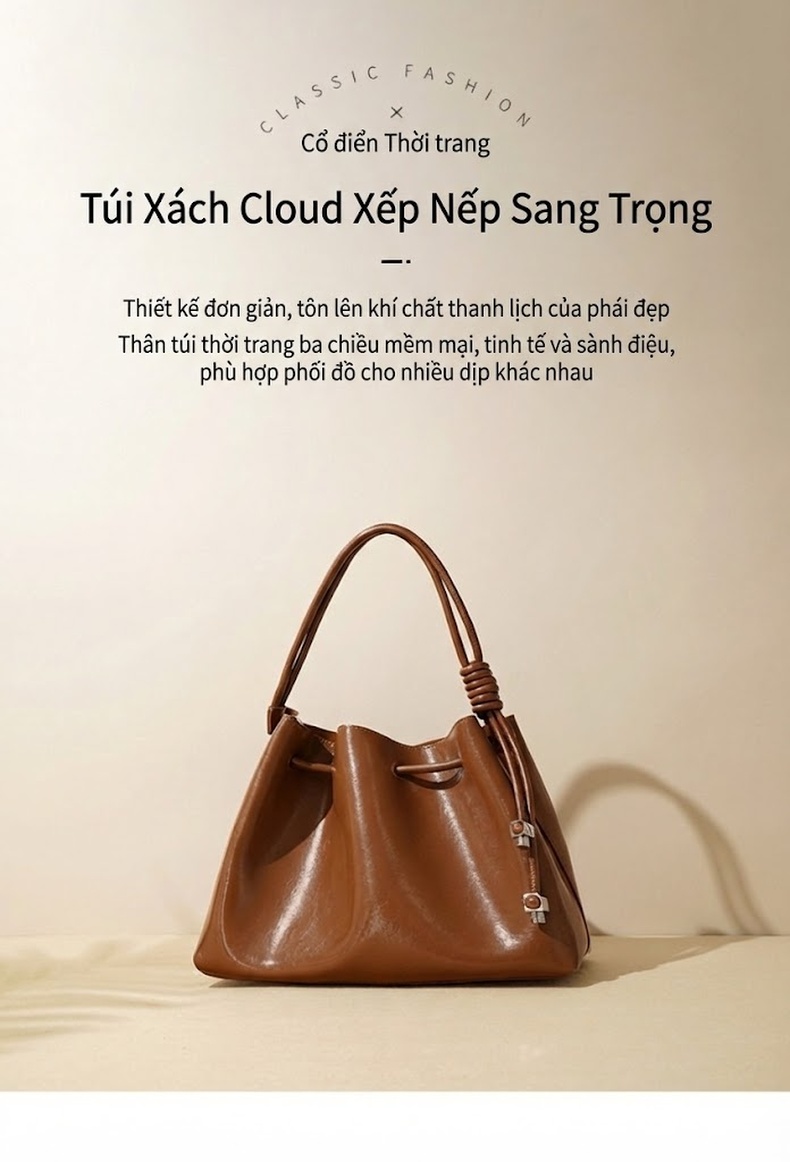 Túi Xách Tay Nữ Da Bóng Cao Cấp Thiết Kế Nhún Bèo Phong Cách Công Sở Màu Nâu chi tiết 2