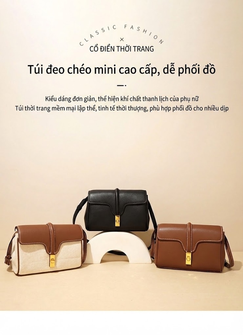 Túi Xách Tay Nữ Da Bóng Cao Cấp Thiết Kế Vuông Đeo Vai, Đeo Chéo Màu Nâu, Đen chi tiết 1