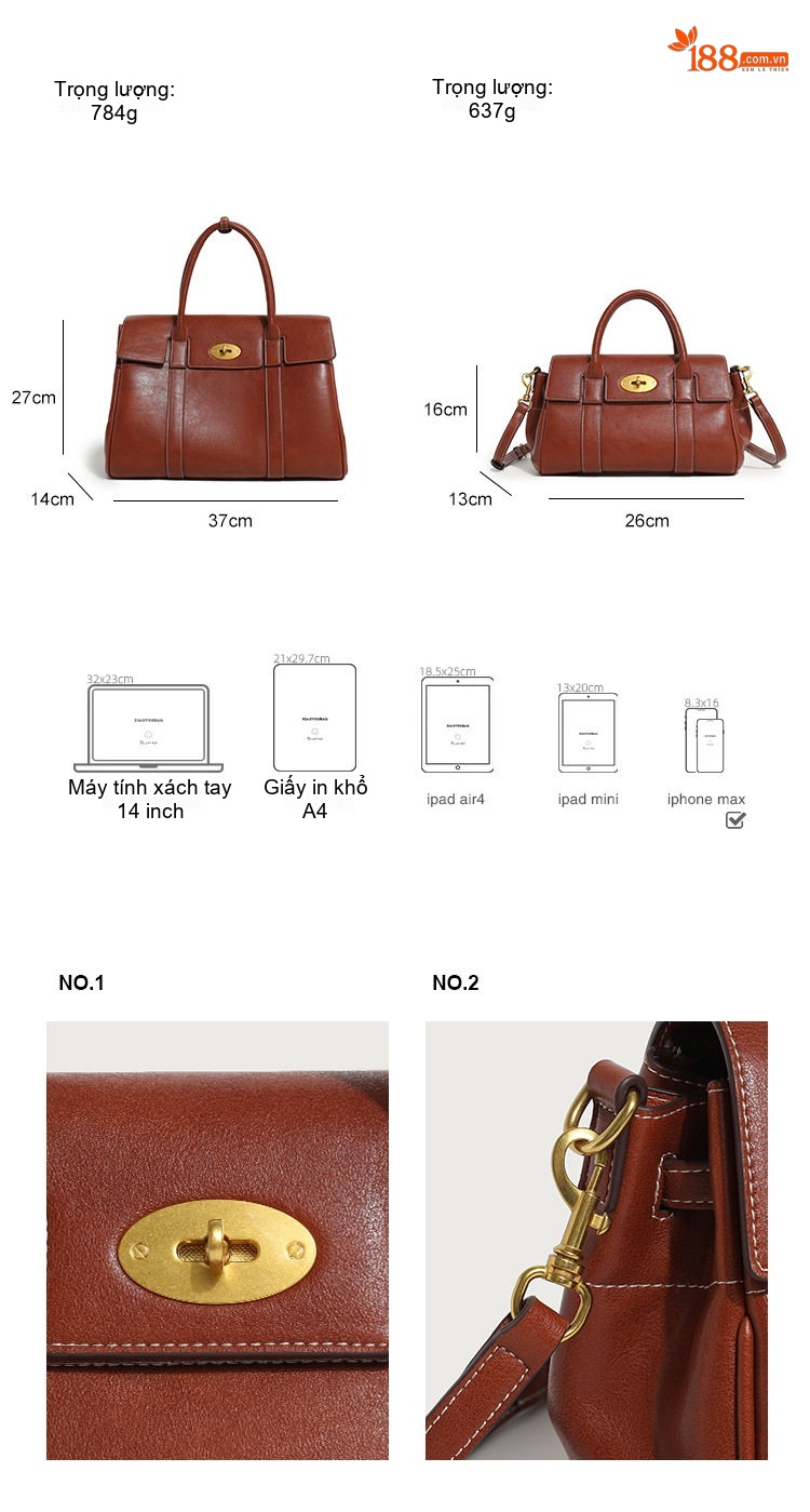 Túi Xách Tay Nữ Da Bóng Công Sở Vintage Tote Đeo Vai Dung Tích Lớn Màu Nâu, Đen chi tiết 3