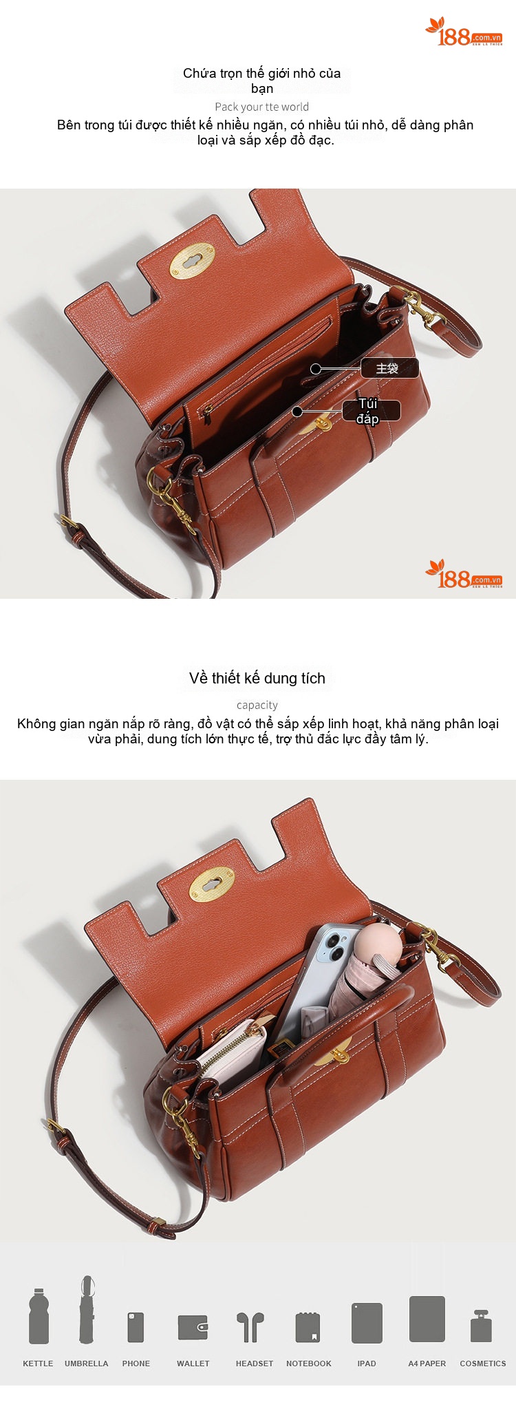 Túi Xách Tay Nữ Da Bóng Công Sở Vintage Tote Đeo Vai Dung Tích Lớn Màu Nâu, Đen chi tiết 4