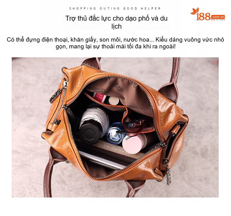 Túi Xách Tay Nữ Da Bóng Dáng Retro Đeo Vai Đeo Chéo Màu Nâu, Xanh, Đỏ, Đen... chi tiết 7