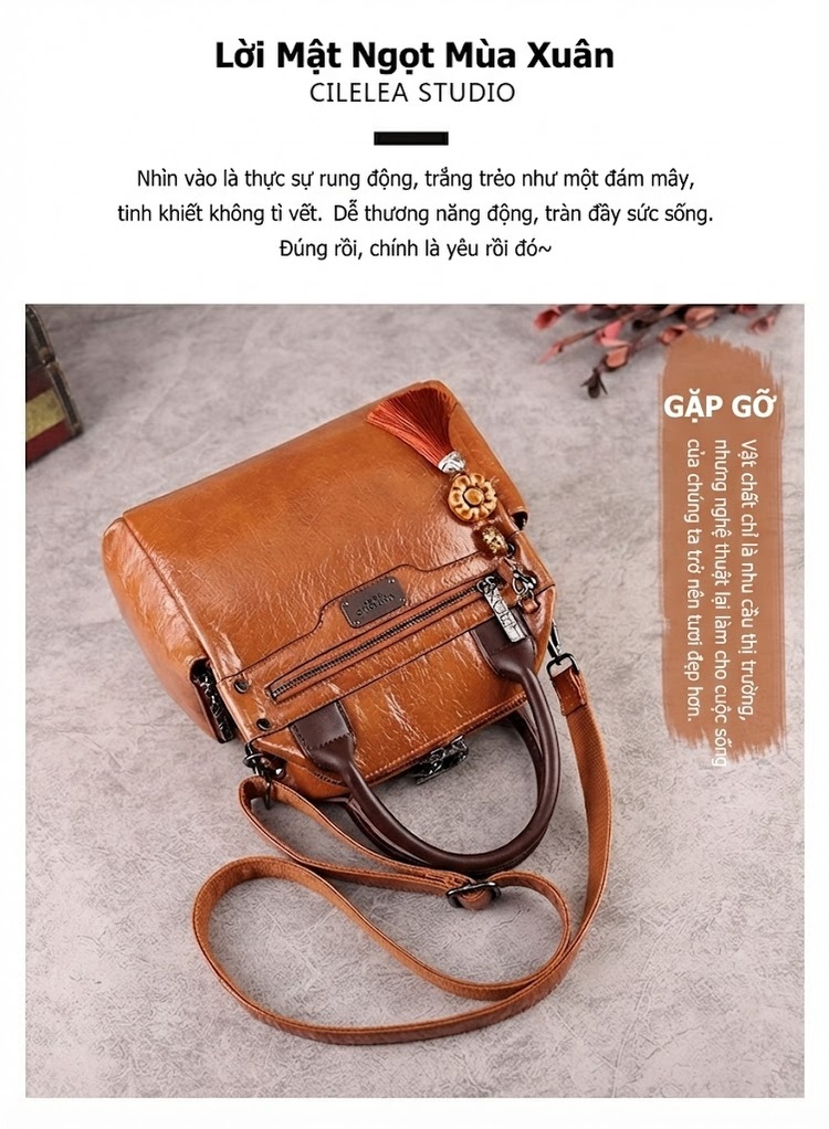 Túi Xách Tay Nữ Da Bóng Dáng Retro Đeo Vai Đeo Chéo Màu Nâu, Xanh, Đỏ, Đen... chi tiết 1