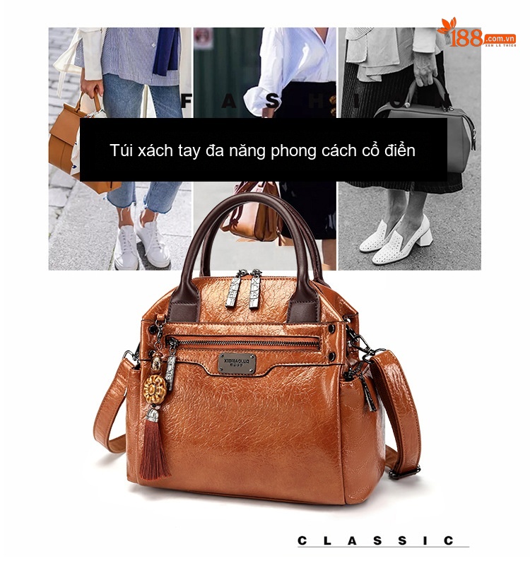 Túi Xách Tay Nữ Da Bóng Dáng Retro Đeo Vai Đeo Chéo Màu Nâu, Xanh, Đỏ, Đen... chi tiết 2