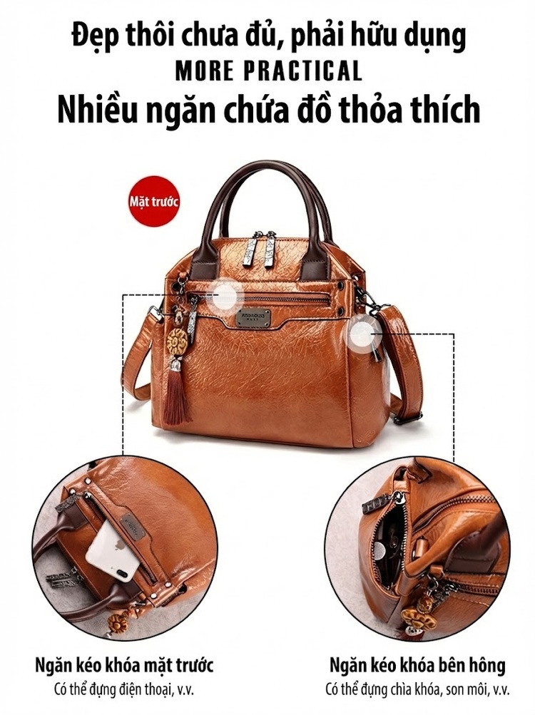 Túi Xách Tay Nữ Da Bóng Dáng Retro Đeo Vai Đeo Chéo Màu Nâu, Xanh, Đỏ, Đen... chi tiết 4