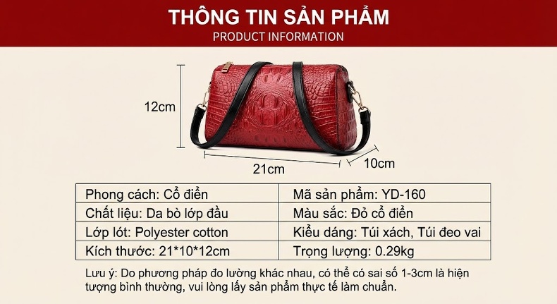 Túi Xách Tay Nữ Da Bóng Dập Hoa Văn Cổ Điển Đeo Vai, Đeo Chéo Màu Đỏ, Đen chi tiết 3