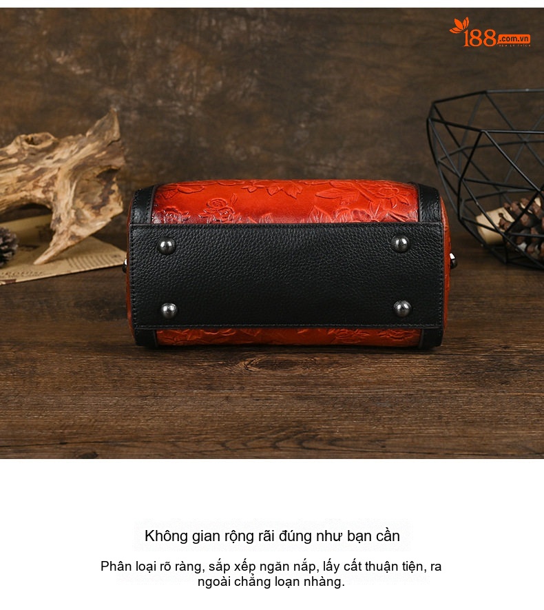 Túi Xách Tay Nữ Da Bóng Dập Hoa Văn Cổ Điển Đeo Vai, Đeo Chéo Màu Đỏ, Đen chi tiết 6