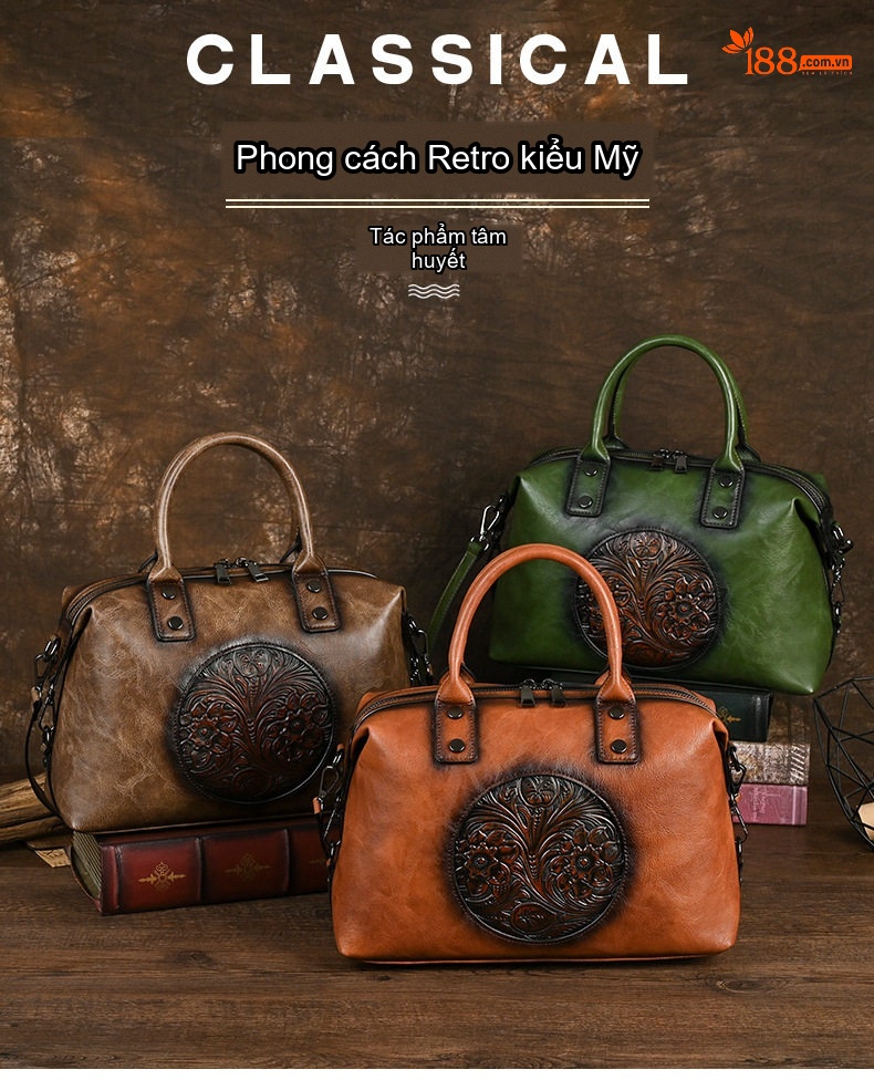 Túi Xách Tay Nữ Da Bóng Dập Hoa Văn Vintage Châu Âu Màu Nâu chi tiết 1