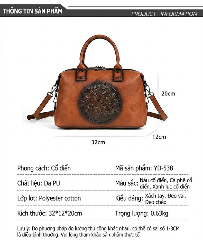 Túi Xách Tay Nữ Da Bóng Dập Hoa Văn Vintage Châu Âu Màu Nâu chi tiết 2
