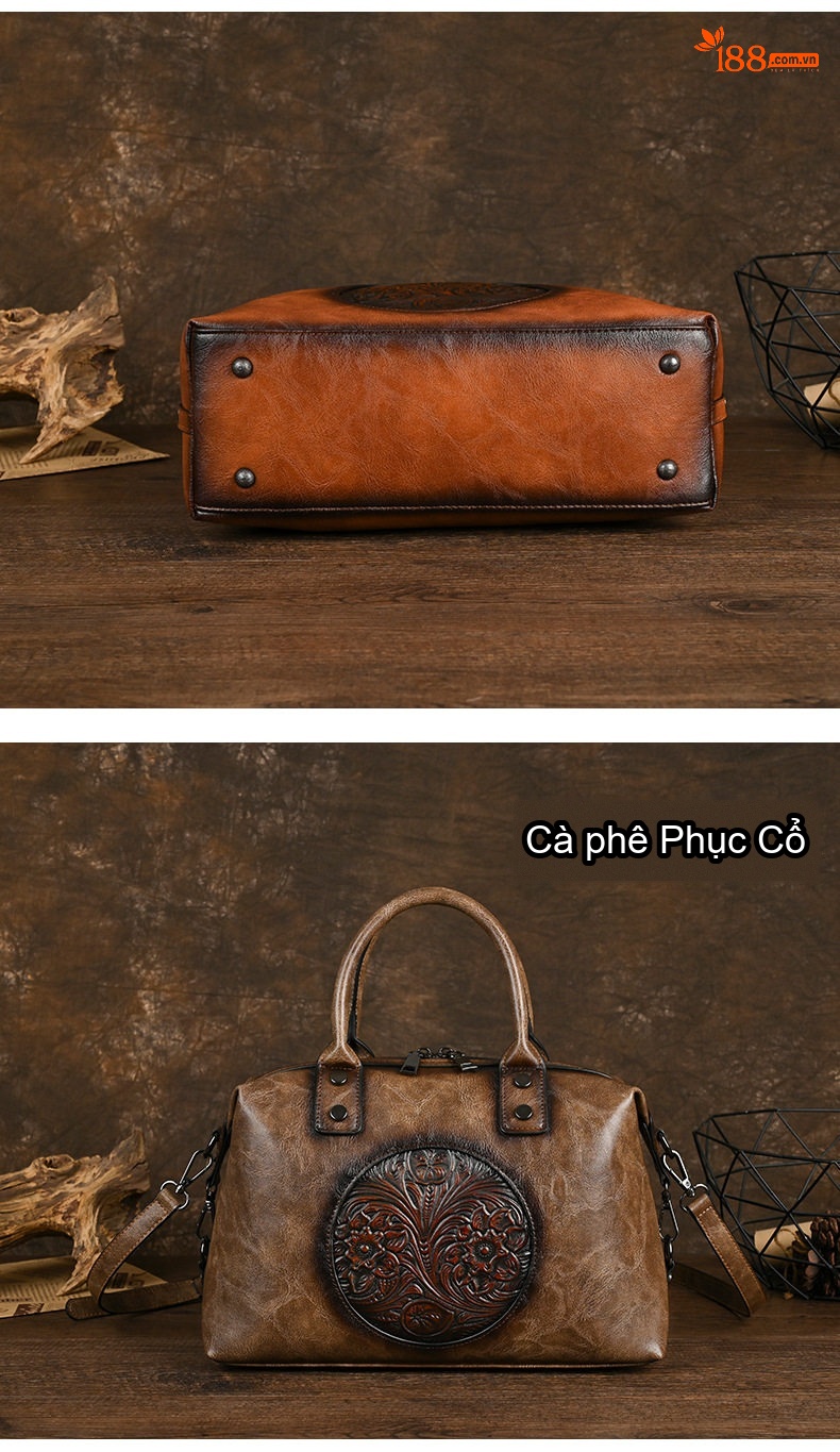 Túi Xách Tay Nữ Da Bóng Dập Hoa Văn Vintage Châu Âu Màu Nâu chi tiết 5