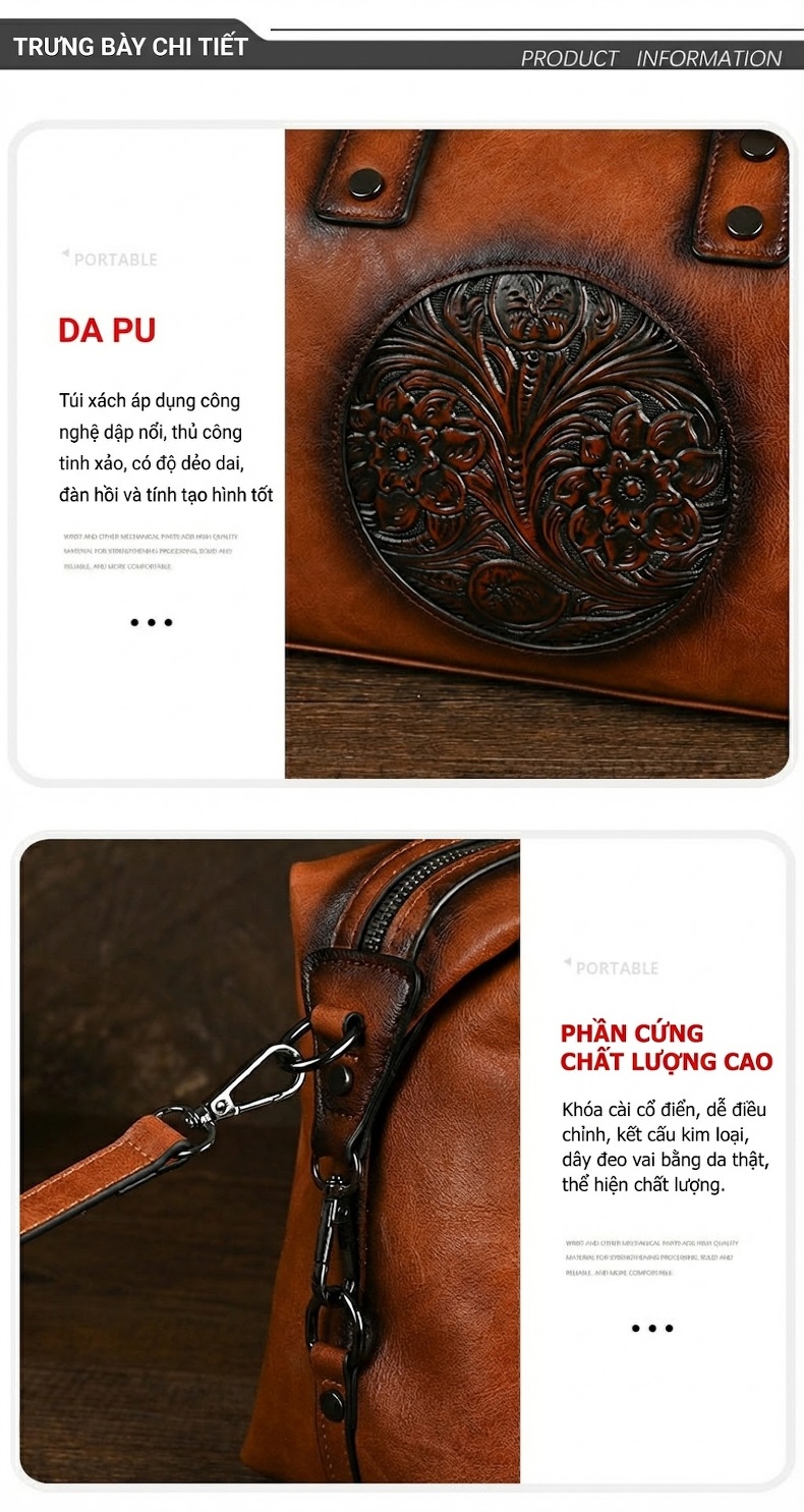 Túi Xách Tay Nữ Da Bóng Dập Hoa Văn Vintage Châu Âu Màu Nâu chi tiết 10