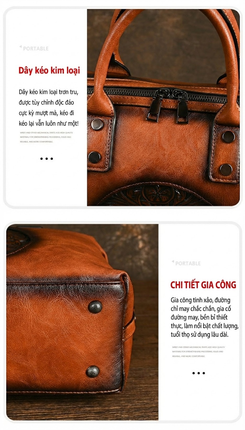 Túi Xách Tay Nữ Da Bóng Dập Hoa Văn Vintage Châu Âu Màu Nâu chi tiết 11