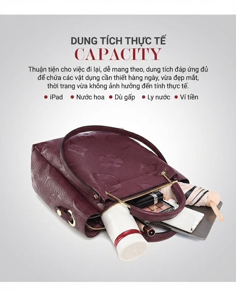 Túi Xách Tay Nữ Da Bóng Dập Vân Họa Tiết Sức Chứa Lớn Kèm Túi Con Màu Đen, Nâu, Đỏ Rượu chi tiết 9