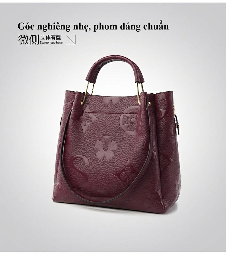 Túi Xách Tay Nữ Da Bóng Dập Vân Họa Tiết Sức Chứa Lớn Kèm Túi Con Màu Đen, Nâu, Đỏ Rượu chi tiết 19