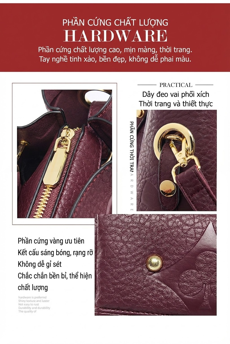 Túi Xách Tay Nữ Da Bóng Dập Vân Họa Tiết Sức Chứa Lớn Kèm Túi Con Màu Đen, Nâu, Đỏ Rượu chi tiết 8